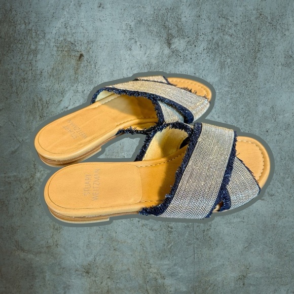 NWOT Stuart Weitzman ‘Edgeway’ Fringe-Trimmed Sandals in Navy Blue & Silver Sz 5 - Picture 10 of 16